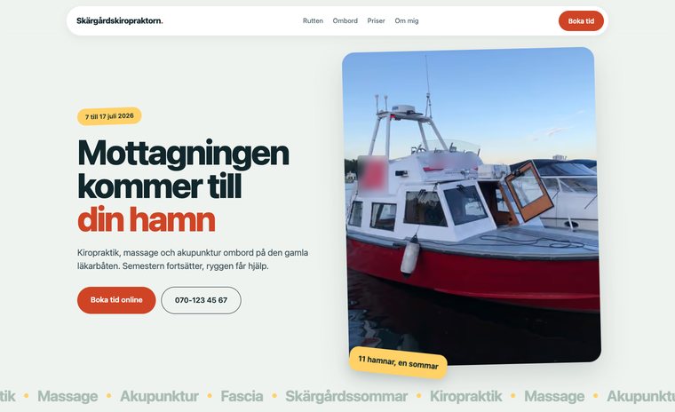 Startsidan för en kiropraktor som tar emot patienter på en båt