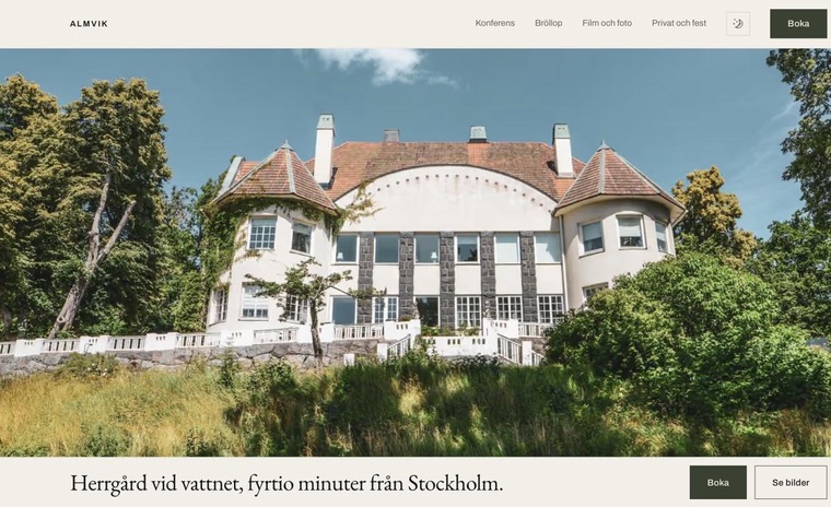 Startsidan för en herrgård med bild på huvudbyggnaden